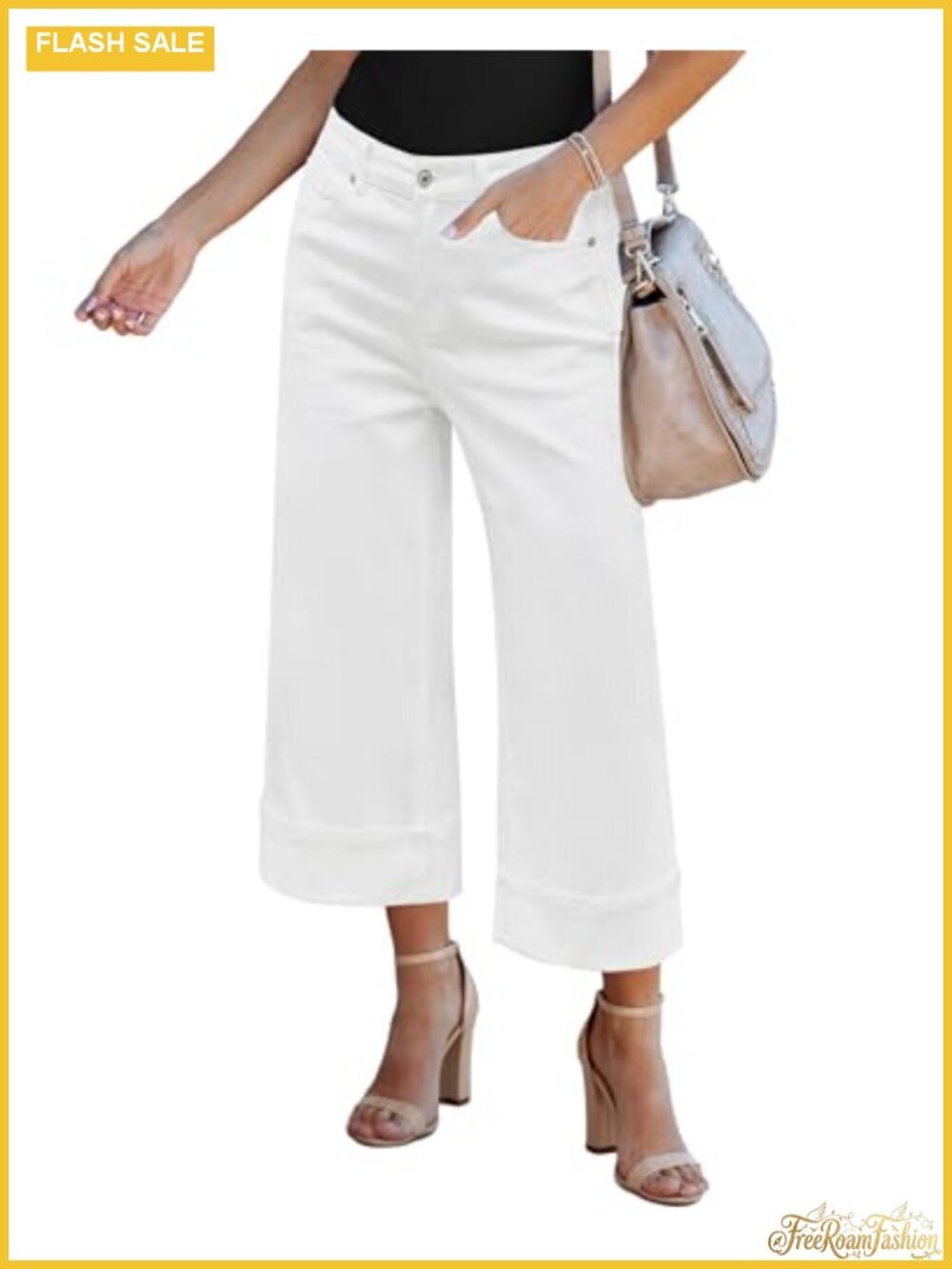 Wide Leg Cropped Jeans High Waisted Stretchy Capri Denim Pants with Pockets